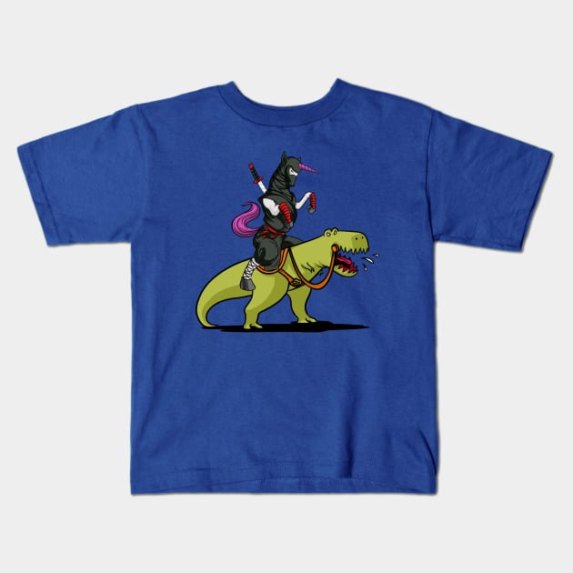 Ninja Unicorn Riding T-Rex Dinosaur Kids T-Shirt by underheaven